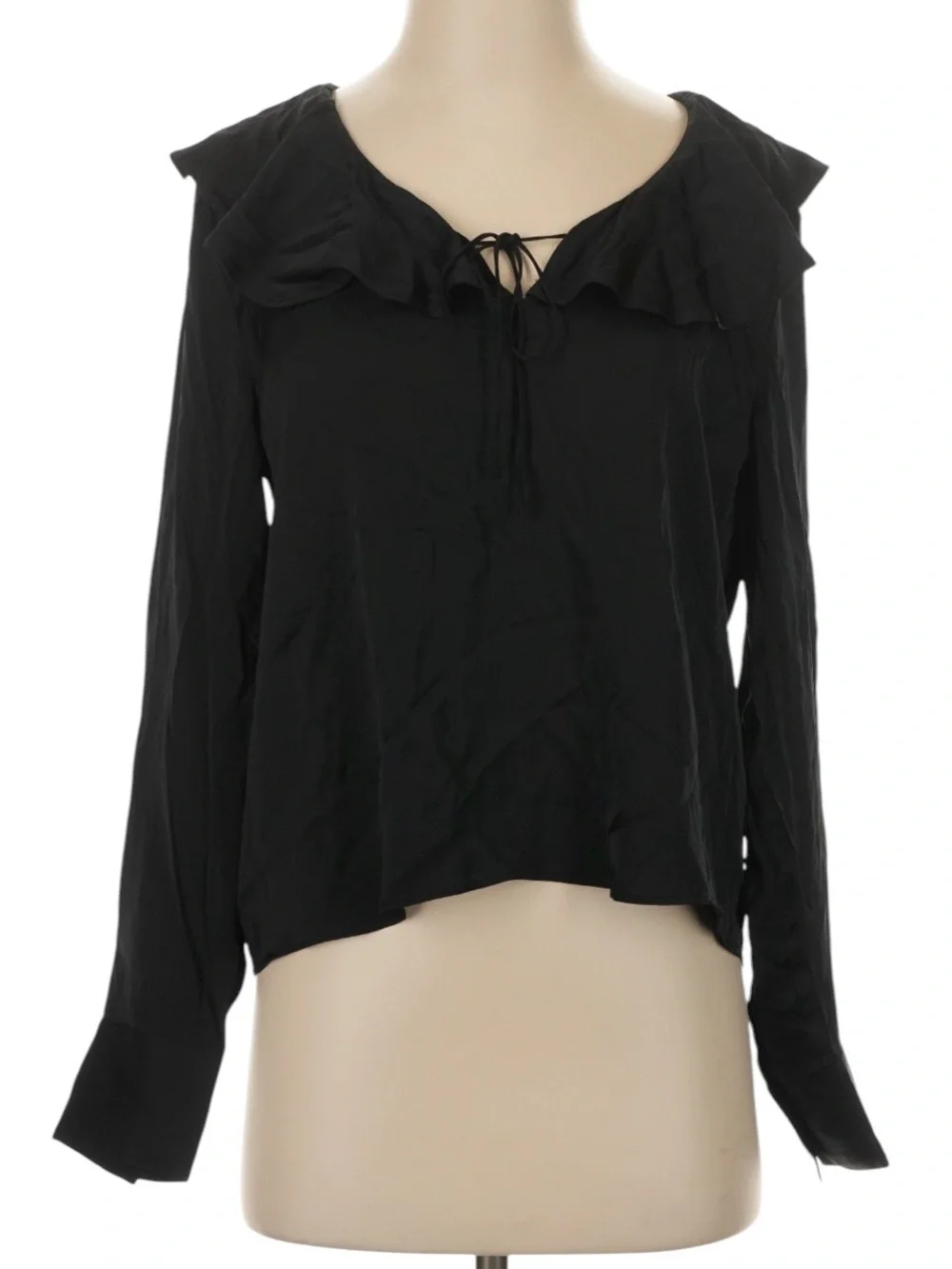 J. Crew Goldie Top in Satin Size Small Black Victorian Inspired Ruffles Tie Neck